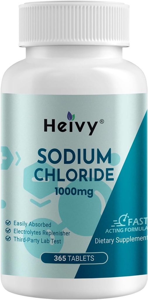 Heivy Chlorid sodný Tablety 1000mg - Čisté soli Tablety, 365 Tablety, Chlorid sodný, Non- GMO - Electrolyte Balance and Hydration Support, Hydratační nápoj pro doplňování elektrolytů