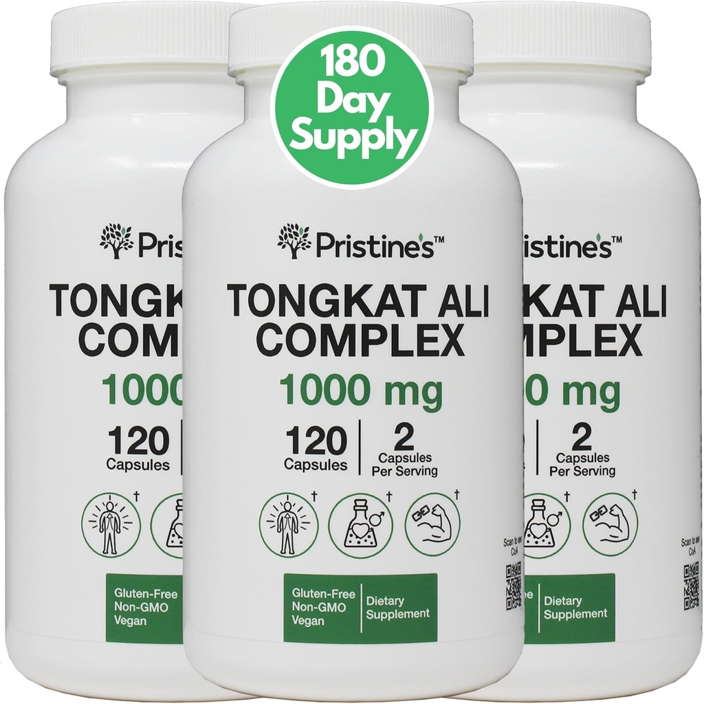 PRISTINE'S Tongkat Ali 1000MG Extract Capsule supplement (3-Pack) -30 Day Supply - Athletic Performance Support - Mens Health & Lean Muskuļu masa - Immunity Support