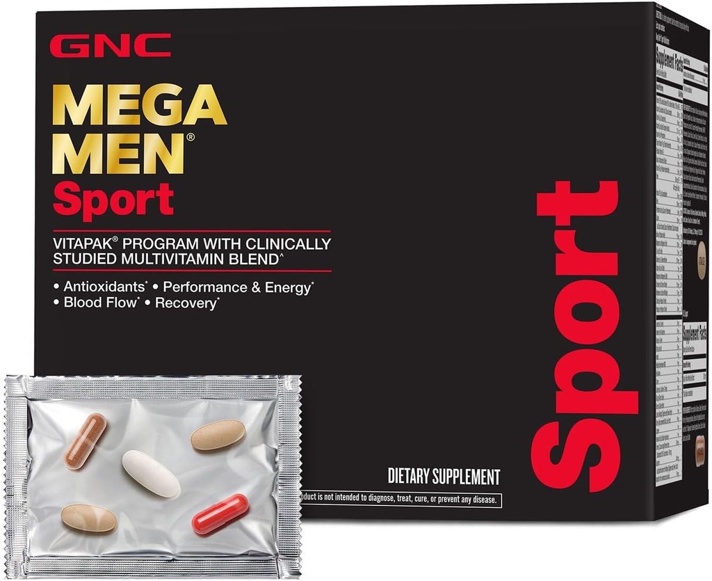 Mega Men Sport Vitapak Program, Convenient Complete Nutrition, 4 Productos en 1 Packet, Athletic Performance, Energy, Recovery, Blood Flow, Arginine, 200mg Caffeine, Thermogenic, 30 Day Supply