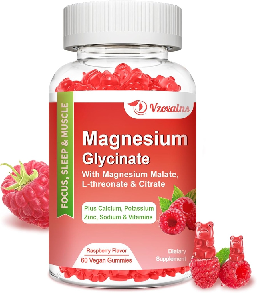 Magnesium Glycinate Gummies 600 мг, Magnesium Gummies для дорослих і дітей, Підтримка релаксації і м'язів, 60 малинові мухи