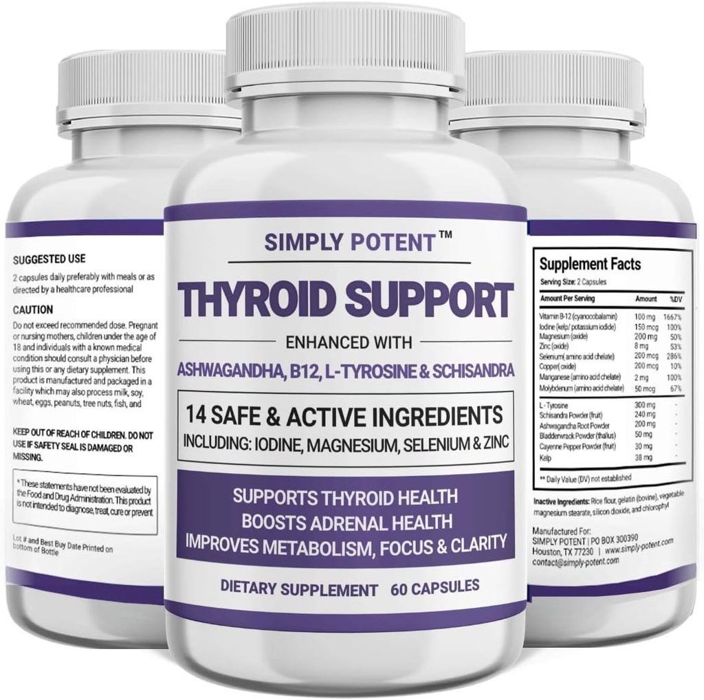 Enkelt Potent Thyroid Support & Adrenal Support Supplement 2-i-1 Naturlig Formel med jod & Ashwagandha för energi, metabolism, fokus för kvinnor och män, 60 Caps