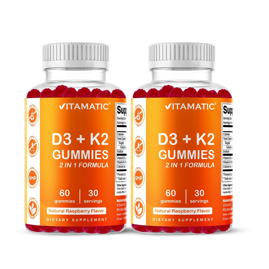Vitamatic Vitamin D3 & K2 Gummies (2-Pack, 60 Count) Supports Healthy Bones, Heart Health, Calcium Absorption, and Immune Function Plant-Based, Non-GMO, Gluten-Free