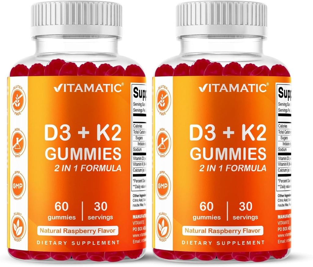 Vitamatic Vitamin D3 & K2 Gummies (2-Pack, 60 Count) stöder hälsosamma ben, hjärthälsa, kalciumabsorption och immunfunktionsplantbaserad, icke-GMO, glutenfri
