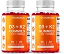 Vitamatic Vitamina D3 & K2 Gummies (2-Pack, 60 Count) Supporta le ossa sane, la salute del cuore, l'assorbimento del calcio, e la funzione immunizzata Basato vegetale, Non OGM, senza glutine
