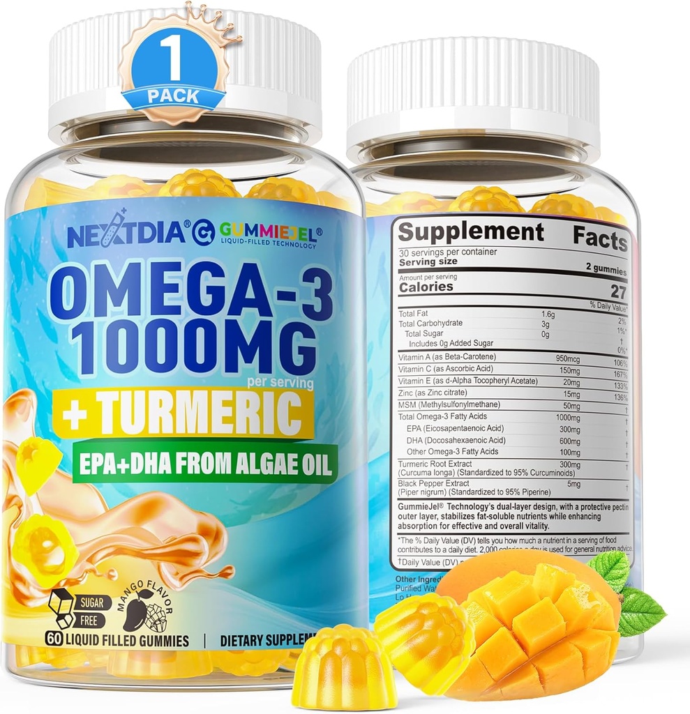 Vegan Omega-3 Gummies 1000mg + Turmeric - Omega 3 žuvų aliejus Alternatyvus suaugusiems - Algae DHA 600mg & EPA 300mg, Vitaminai A, C, E, Cinko & MSM, Cukrus Be, 60 Cts