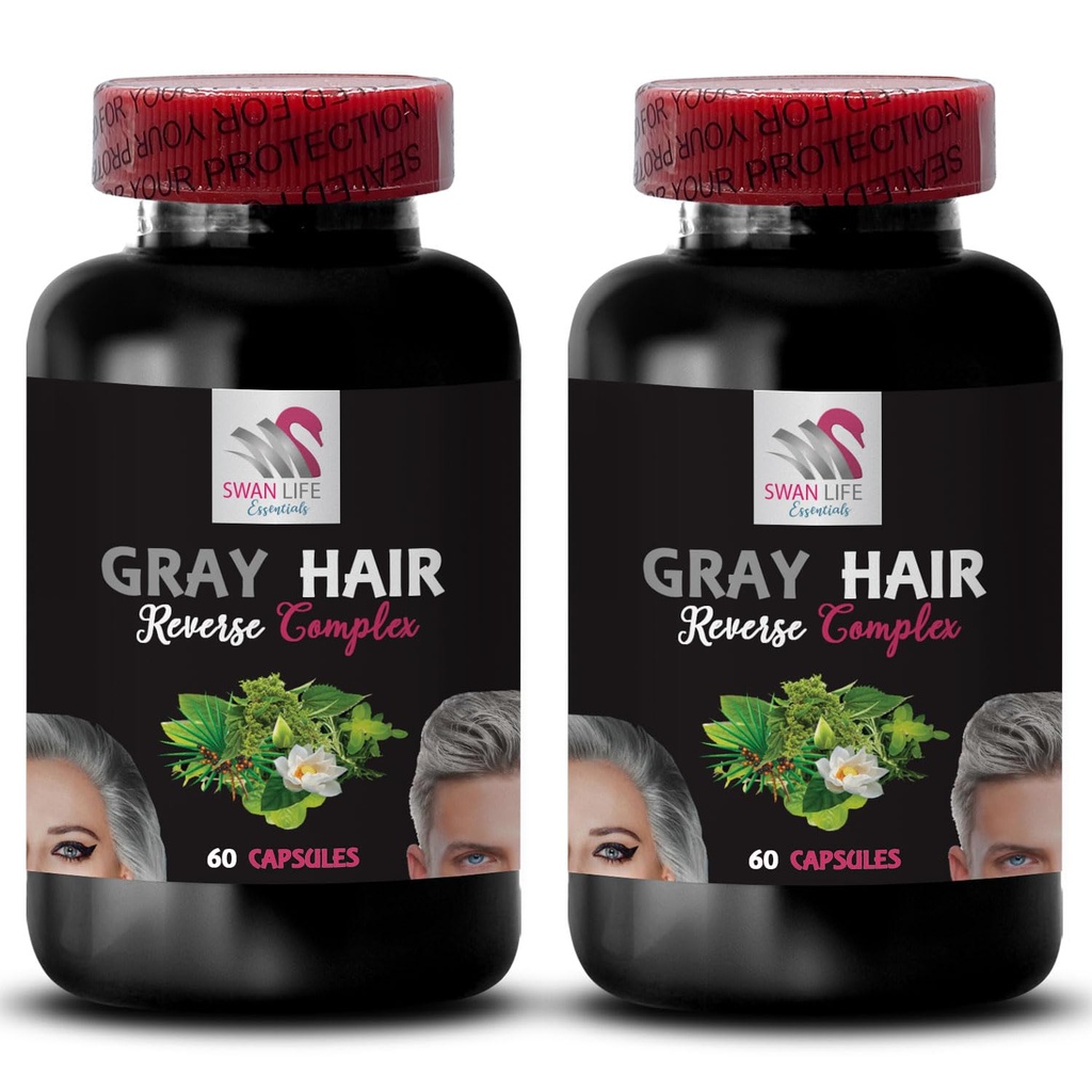 Haarherstel - GRAY HAIR REVERSE - Briljant haar, Herstel levendigheid, Haarverzorging oplossing, Vernieuwde haarkleur, Kleurherstel, Haar Toon, Age-affying haar, Vibrante haarkleur 2 Flessen 120 Caps