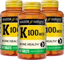 MASON NATURAL Vitamina K 100 mcg, susţine sănătatea osoasă şi articulară, ajută la absorbţia calciului, 100 comprimate, ambalaj cu 3 comprimate