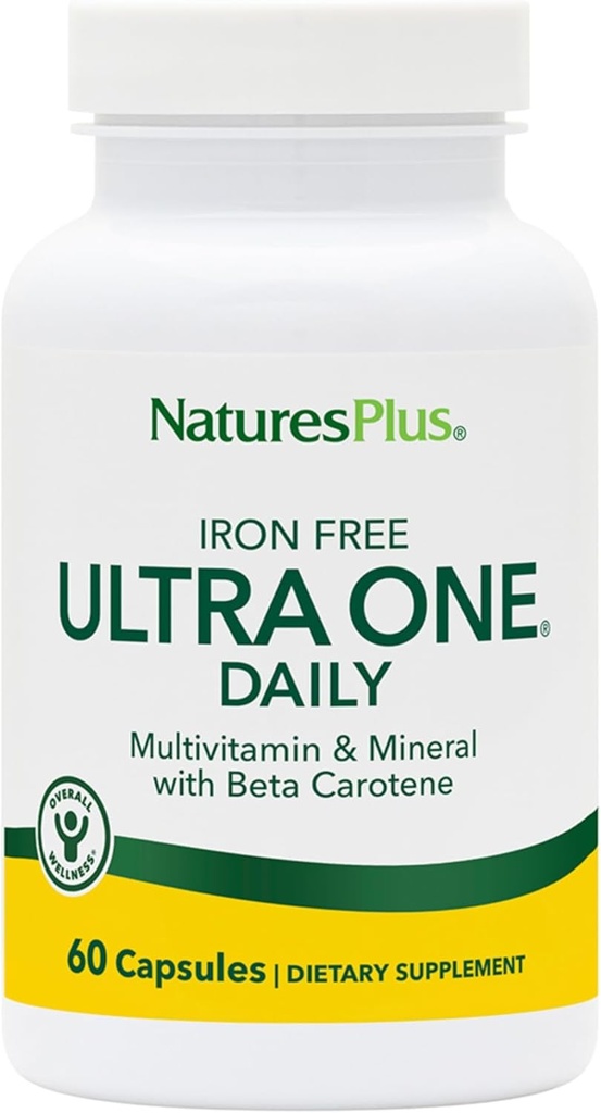 NaturesPlus Ultra One Daily Iron Free - 60 Fast-Acting Capsules - Multivitamin & Mineral mit Beta Carotene - Vegan, Glutenfrei - 60 Portionen