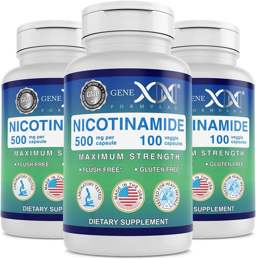 Genex Formulas Nicotinamide 500 מ"ג (3-Pack) ויטמין B3 Flush חינם Niacin קפסולות עבור עור בריא - גלולות תוספת Niacinamide לעזור לייצר Keratin & תמיכה עור בריאות ואנרגיה (300 קפסולות)