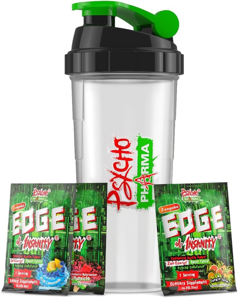 Psycho Pharma Edge of Insanity Pre Workout - אבקת Stim גבוהה וחזקה עבור Intense Pumps, Power, Energy & Focus - 3 Sampleors + Free Shaker Cup (Jungle Juice, Blue Lemonade, Strawberry)