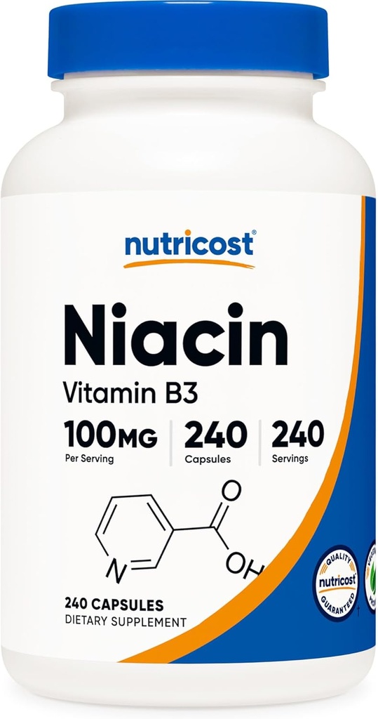 Nutricost Niacin (витамин B3) 100 мг, 240 капсул - с Flushing, Non-GMO, Gluten Free