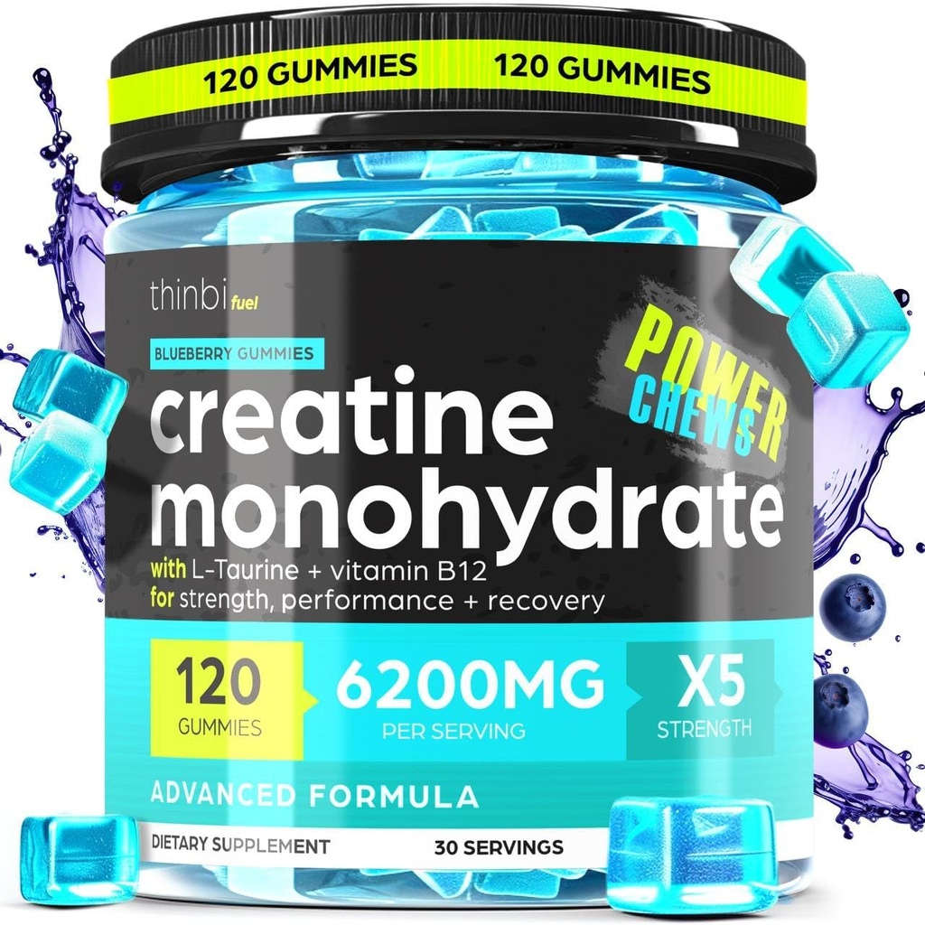 Creatina Mono-hidratada Gummies Complex 6200mg para homens e mulheres - 120 Gummies Advanced Formula W/L-Taurine + Vitamina B12 para força muscular, Muscle Builder, Energy Boost, Pre-Trabalho Suplemento - Thinbi