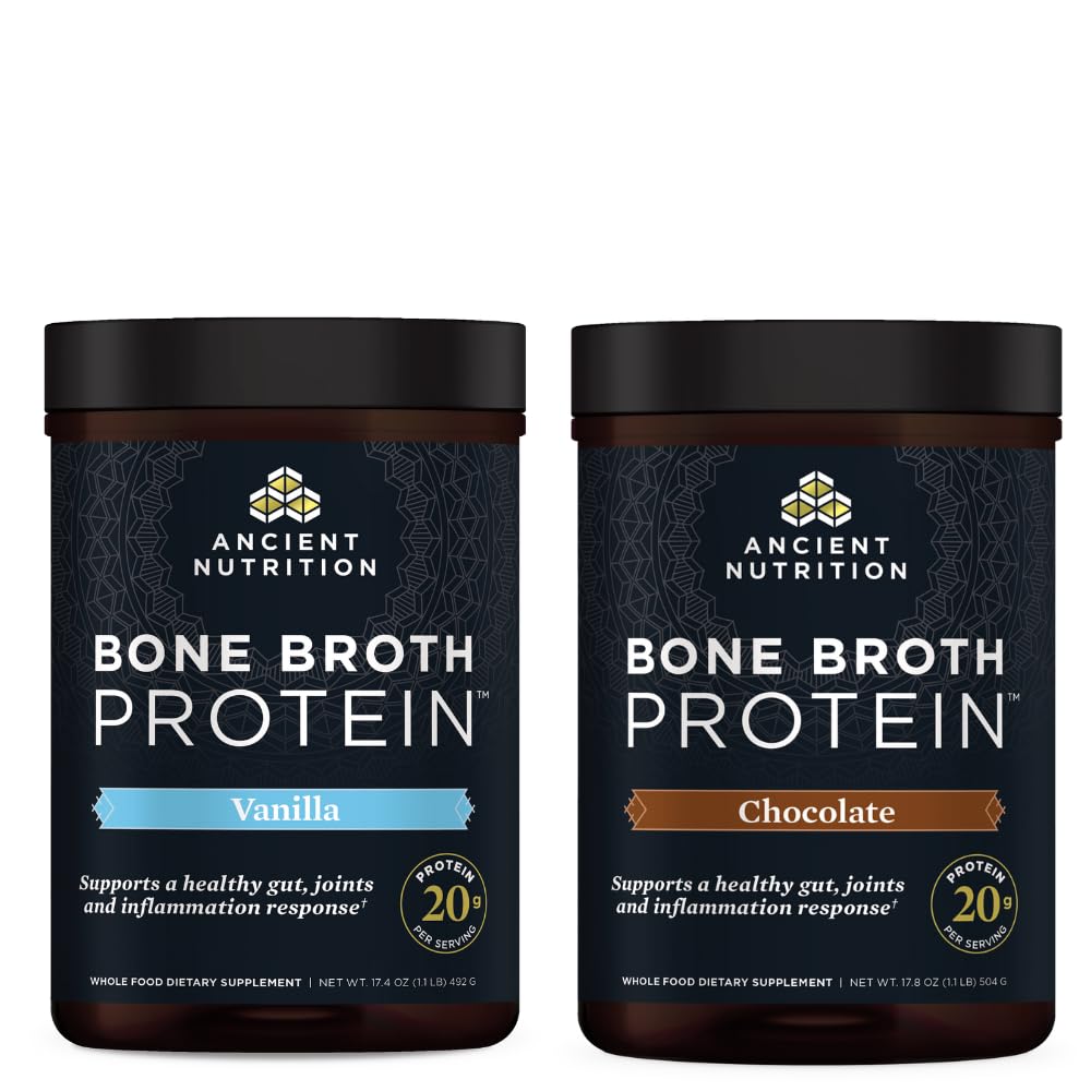 Ancient Nutrition Bone Broth Protein Powder, Vanilla, 20 Servings + Bone Broth Protein Powder, Chocolate, 20 Servings