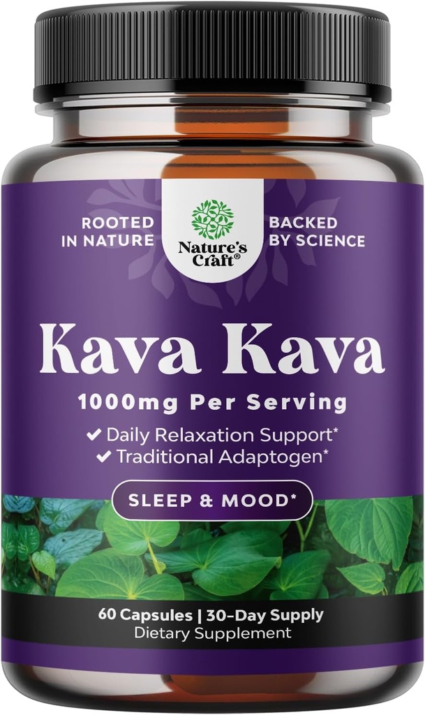 Kava Kava Root Extract Supplement 1000mg - Szybkie działanie Herbal Support z Kavalactones dla Balanced Mood - Relax Calming Kapsules for Stress Relief & Better Sleep - 30 Służenia