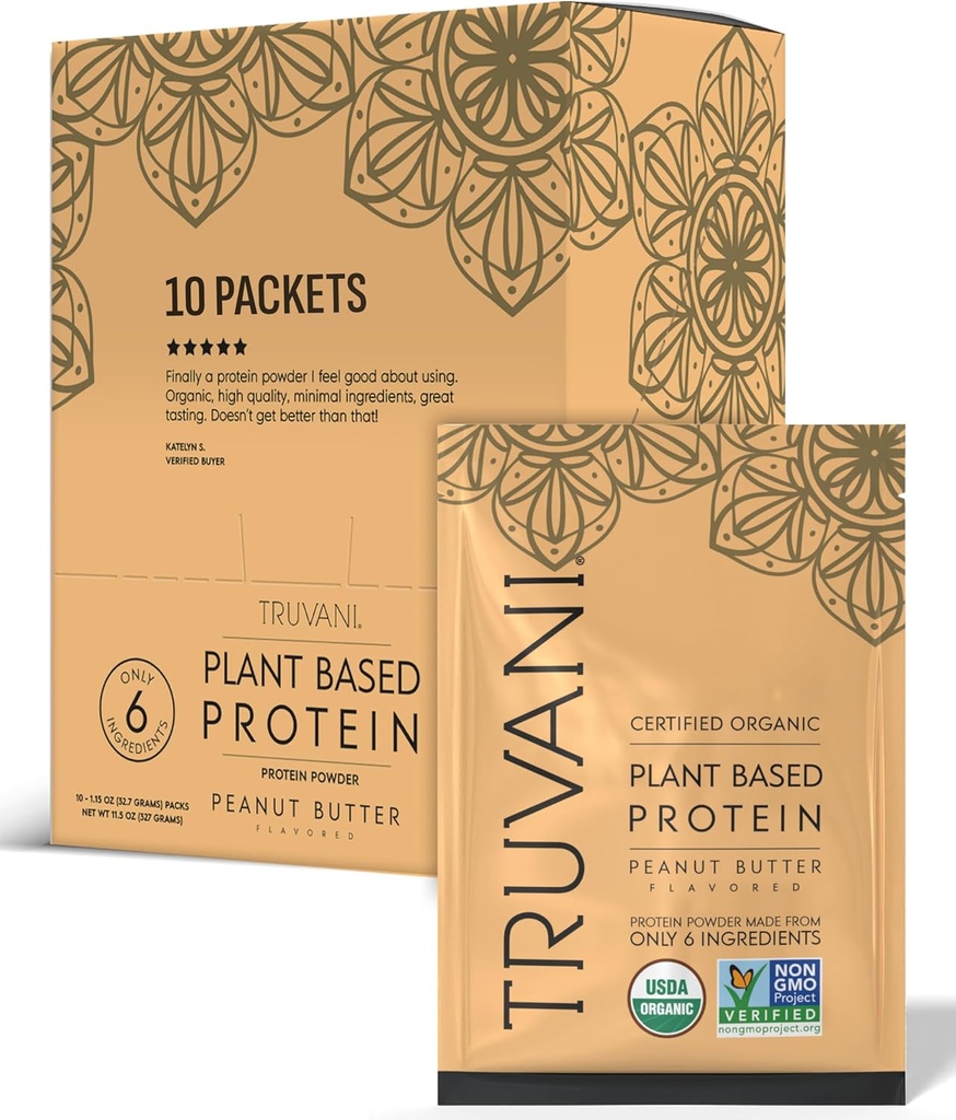 Truvani Vegan Pea Protein Powder | Peanut Butter | 20g Organic Plant Based Protein | Single Serving Travel Packets | 10 Servings | Keto | Gluten & Dairy Free | Low Carb | No Aggiunto Sugar