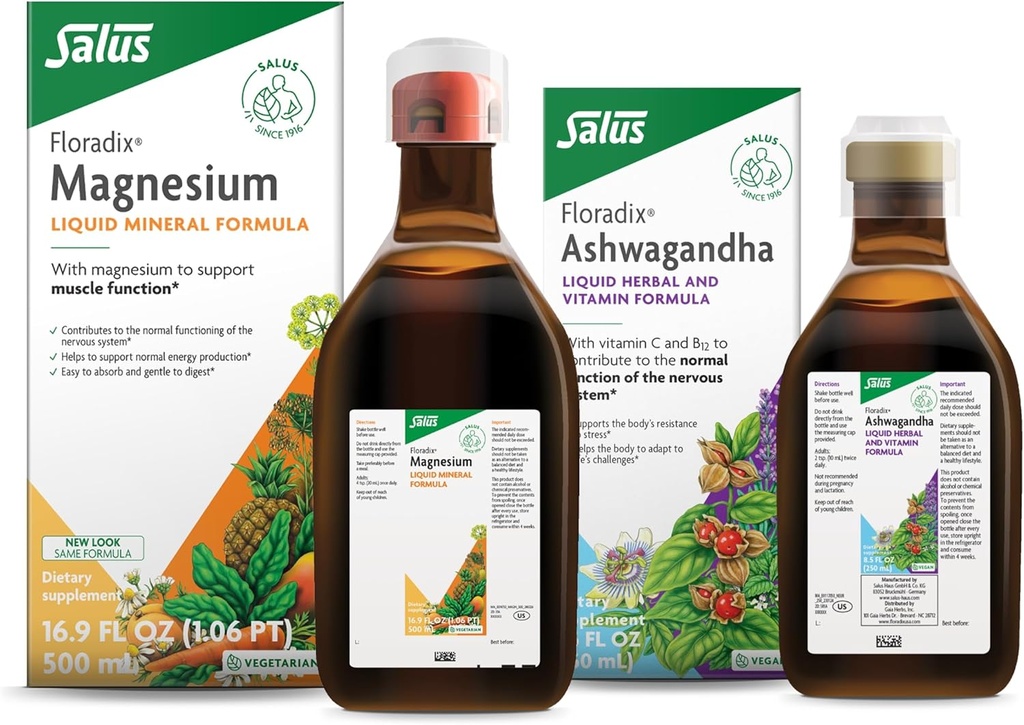 פלורה על ידי Salus Magnesium (16.9 oz) & Ashwagandha נוזל (8.5 oz) Bundle - Magnesium עבור תמיכה העצם, בריאות העיכול ועוד * - Ashwagandha, ויטמין C, ויטמין B12 ועוד לתמיכה בלחץ *