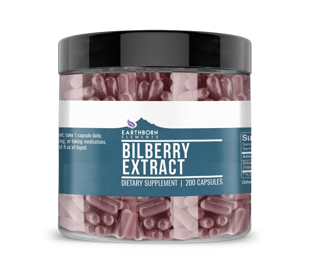 Earthborn Elements Bilberry Extract 200 Capsules, Pure & Undiluted, No Additives