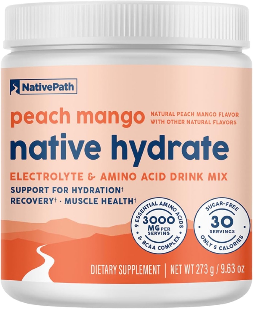 NativePath Native Hydrate, Zero Sugar, Electrolytes Pluder with BCAAs, Peach Mango Hydration, Keto & Paleo Friendly, 30 Servings