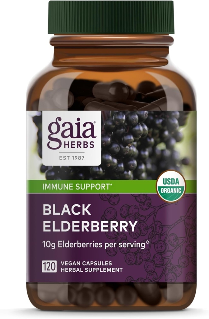Gaia Herbs Black Elderberry - Щоденна добавка для підтримки здоров'я - з чорницею та ацеролою фрукти для антиоксидантної підтримки* - 120 капсули Vegan (60-Day Supply)