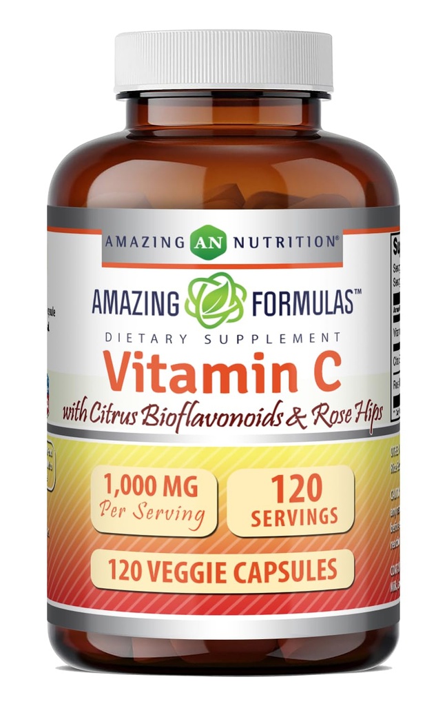 Amazing Formulas Vitamin C (Ascorbic Acid) 1000 Mg with Rose HIPS & Citrus Bioflavonoids | Veggie Capsules Supplement | Non-GMO | Gluten Free | Made in USA (120 Count)