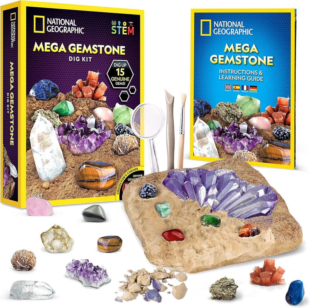 Kit de dig de pierres précieuses méga GEOGRAPHIQUE NATIONAL – Dig Up 15 pierres précieuses et cristaux, kit de science pour les enfants, kit de digging de pierres précieuses, cadeau pour les filles et les garçons, kit minier, collection de roches