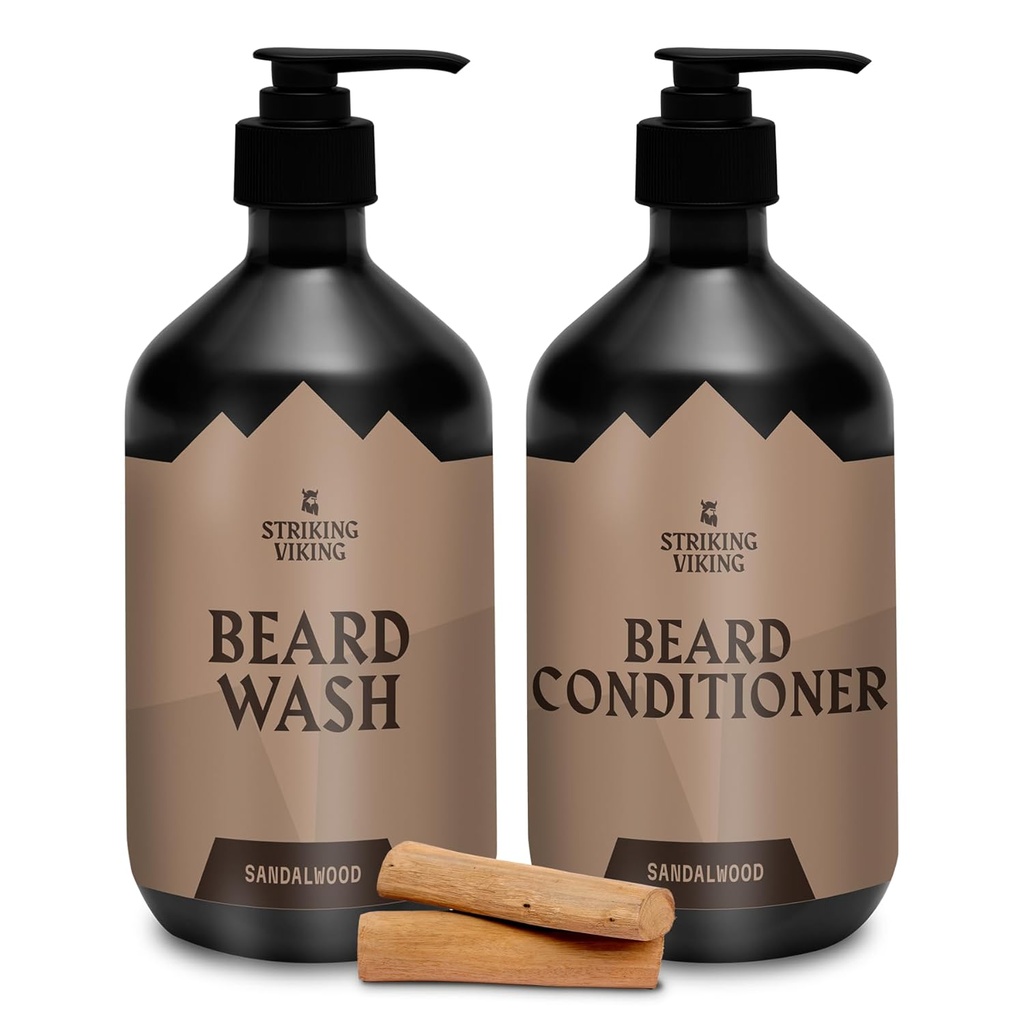 Striking Viking Beard Care Set (Sandalwood) - Paraben " Sulfate Free Shampoo with Jojoba Oil - Deep Clean for All Beard Types (10oz Per Bottle)