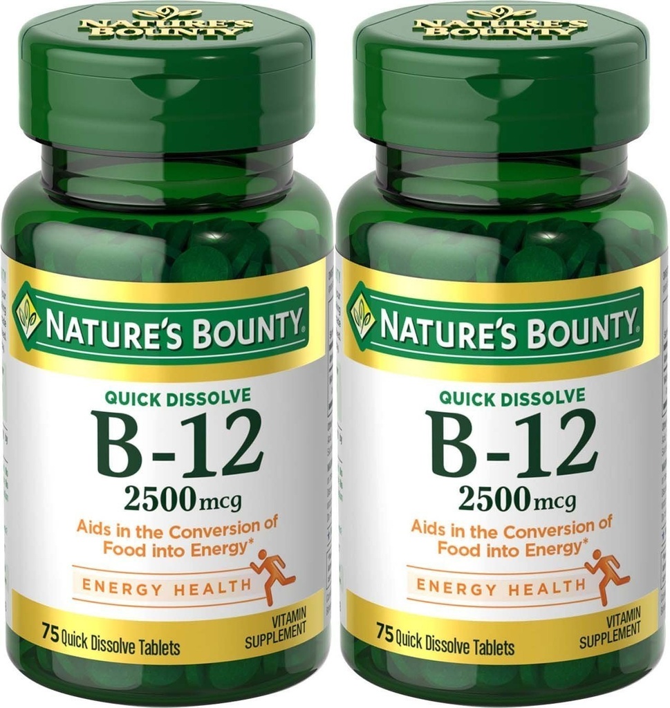 Natures Bounty Vitamin B-12, Quick Dissolve, 2500 mcg, Natural Cherry Flavor 75 ct (2 Pack)