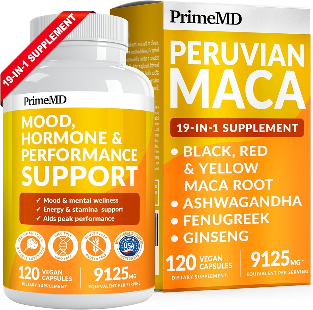Capsule de rădăcină PrimeMD 19-in-1 Peruvian Maca - 9125 mg Ashwagandha Suplimente cu Maca Schindugreek și Ginseng pentru Mood, Hormone & Suport de performanță (120 capsule)