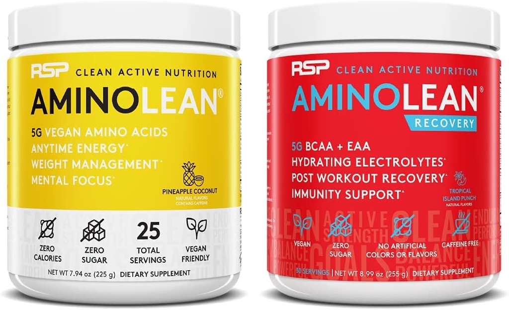 RSP NUTRITION Vegan AminoLean Pre Workout Energy (Ananas Coconut 25 Servings) s AminoLean Recovery Post Workout Boost (Tropical Island Punch 30 Servings)