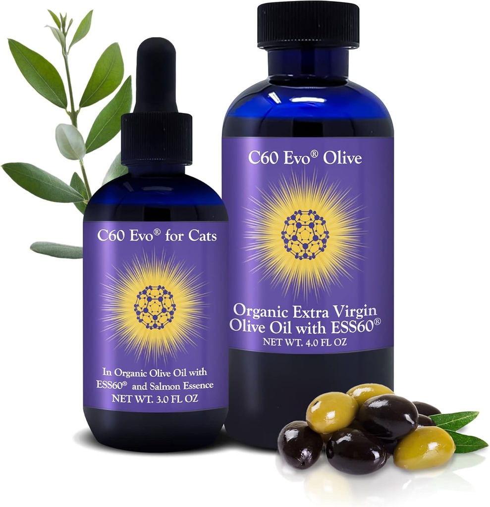 C60 Evo Cat Lover Set, 2 steklenice Pure ESS60 v ekstra Deviško oljčno olje, 1 za ljudi in 1 za Felines, Cat Supplements Infunded with Natural Salmon Essence, Must-imajo hišne potrebščine in izdelke mačke
