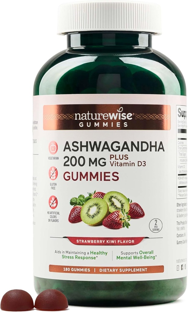 NatureWise Ashwagandha Gummies - Strawberry Kiwi - KSM-66 cu vitamina D3 - Calmant Mood Support - Vegetarian - Non-GMO, Gelatină și Gluten Free - 180 Conte[3-Month Support]