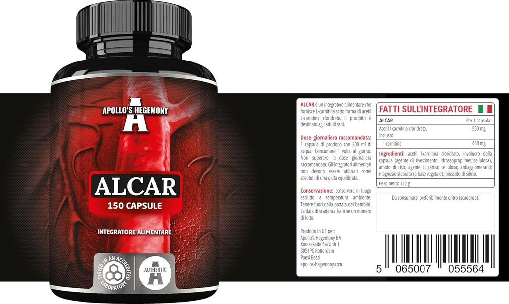 APOLLO'S HEGEMONY Acetyl L-Carnitine HCL 550 mg, ALCAR 150 Vegan Capsules, 5 Months Supply, High Strength Amino Acid Supplement, Supports Cognitive Functions & Energy Levels