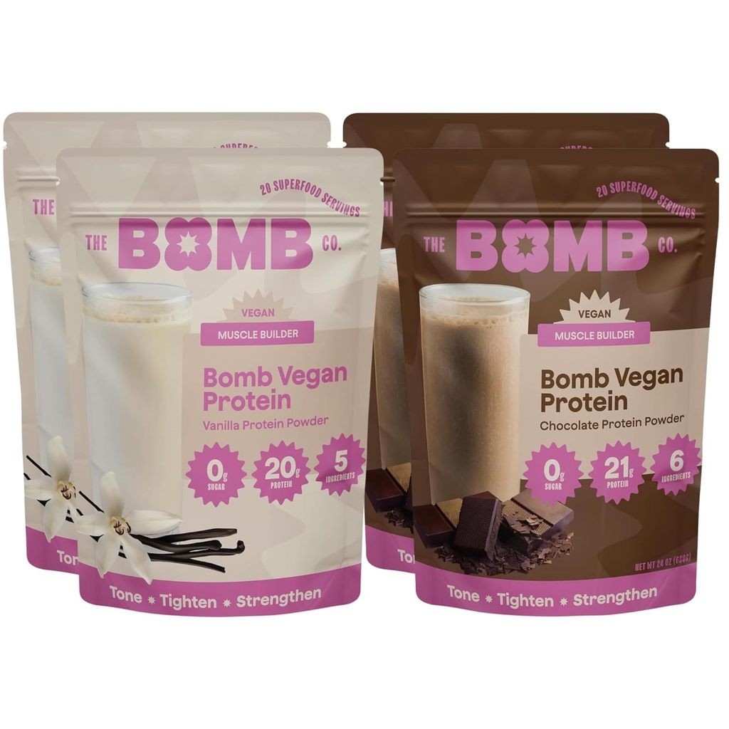 Blender Bombs The Bomb Co. Bom Plant Proteïne, Chocolade & Vanille Proteïne Poeder met 21g Proteïne, Aminozuren, Zero Sugar, Pea Proteïne, Cacao, Chia Zaden, Vanille & Monk Fruit, 60 Srvgs