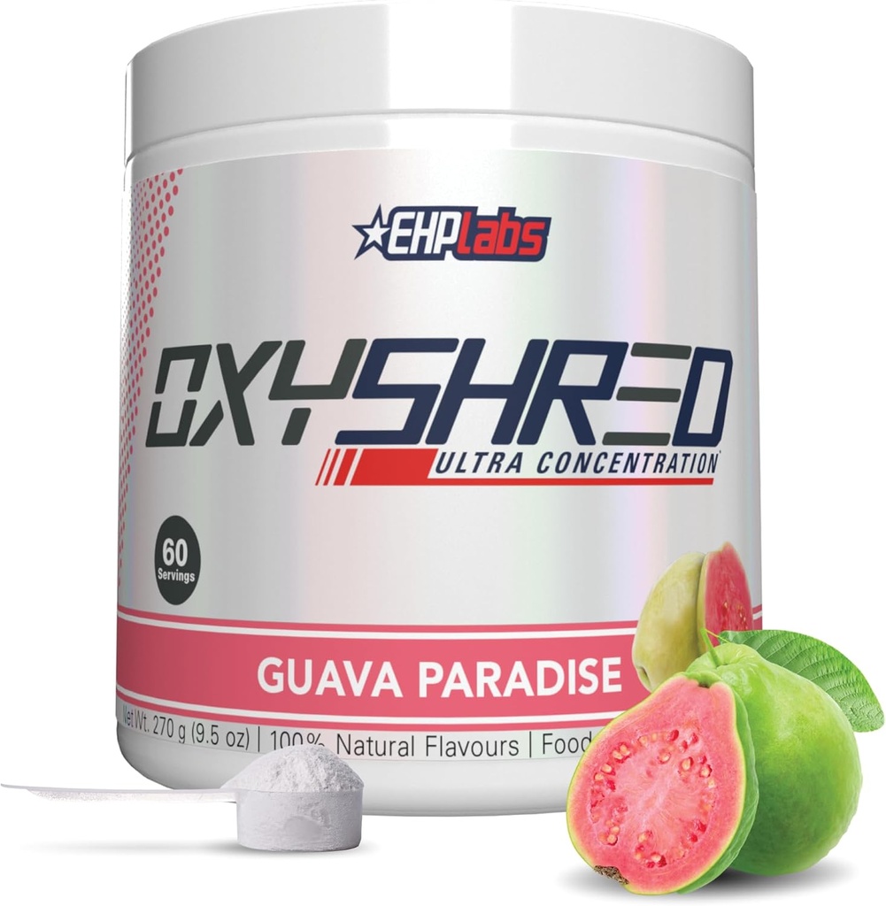 EHP Labs OxyShred Pre Workout Powder & Shredding Supplement - Preworkout Powder con L Glutamina & Acetyl L Carnitine, Enerxía Boost Drink - Guava Paradise, 60 Servizos