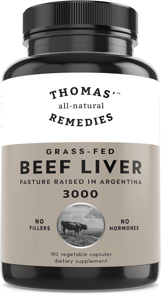 Thomas' all-natural Remedies Grassfed Beef Liver Addition, 3000mg Liver Support Addition, Пастория Отгледана в Аржентина, Не-GMO & Hormone Free (180 Caps)
