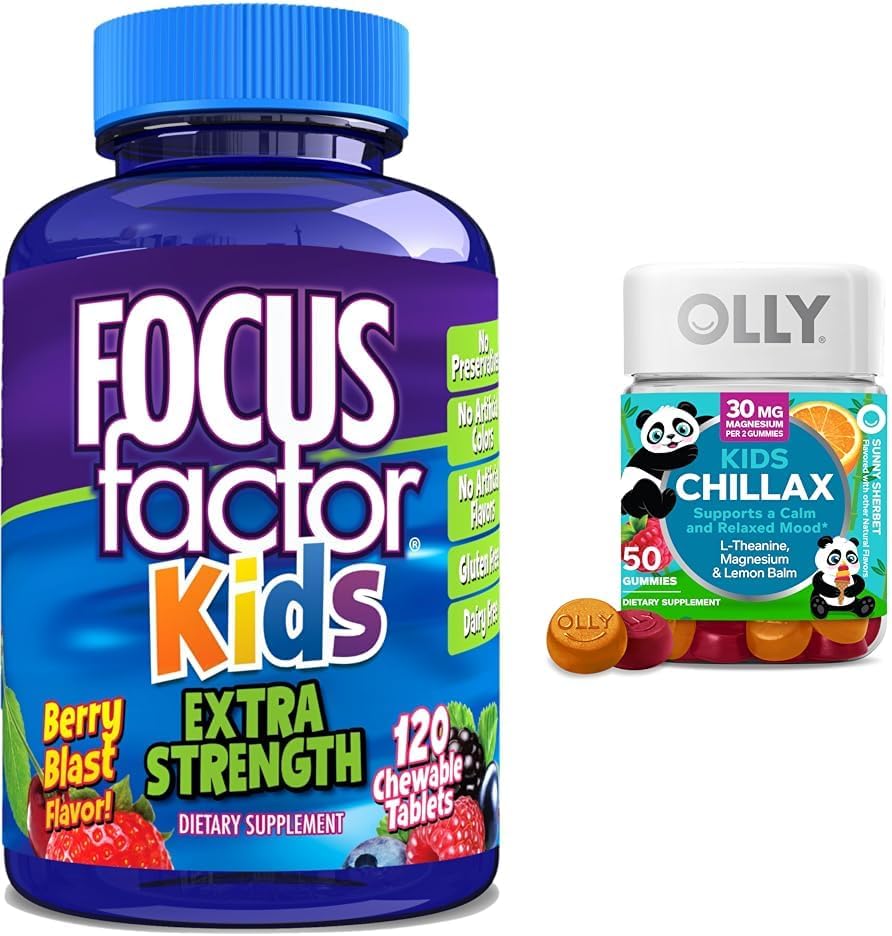 Focus Factor Kids Extra Siła Codzienne Chewable Brain Health Support + OLLY Chillax Chillax Calm Chews, 50 Count