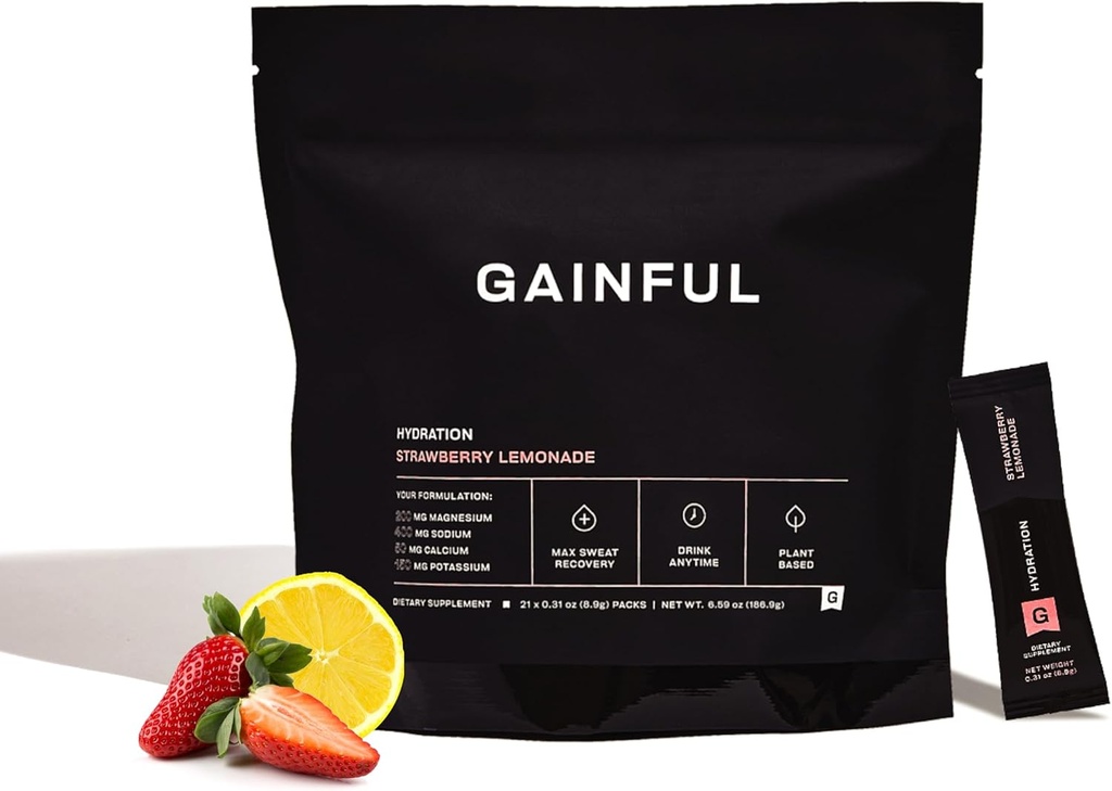 Gainful Hydration Powder Packets, koffeinfritt med Key Electrolytes Magnesium och natrium, energistöd, låg socker, jordgubbslemonad, 21 Sticks