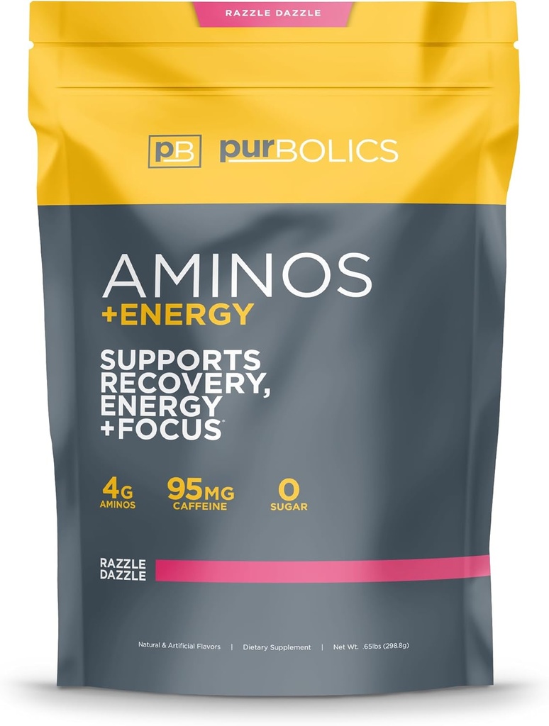 Purbolics Aminos + Energy | Unterstützt Erholung, Energie & Fokus | 95mg Koffein, 0 Zucker & 60 Servierungen (Razzle Dazzle)