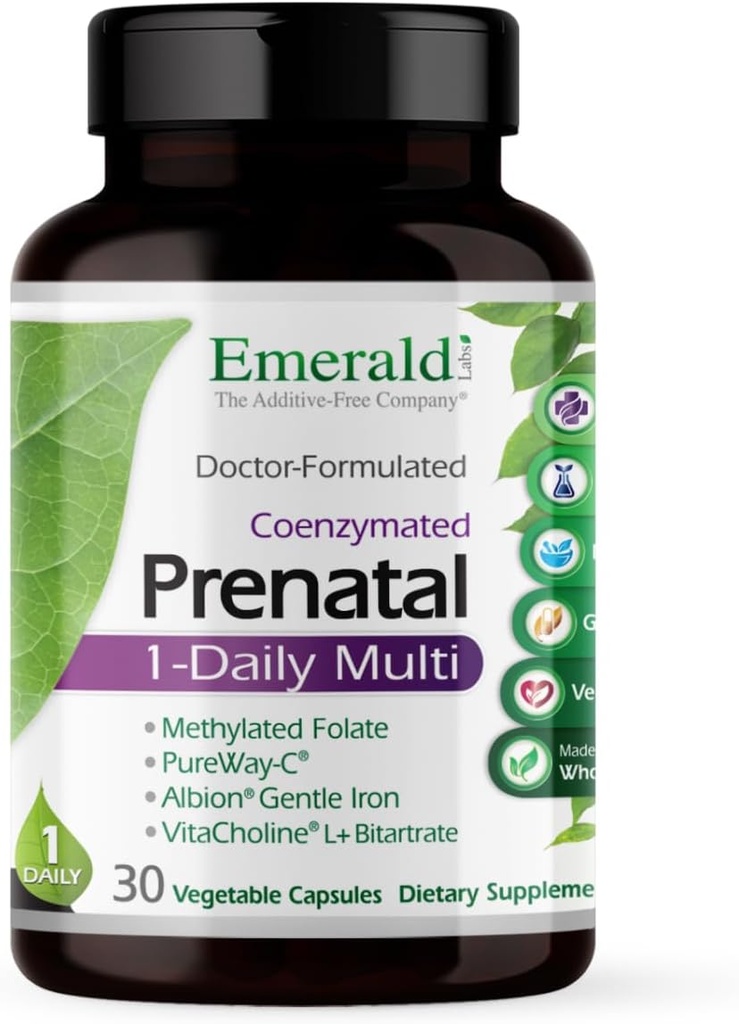 Emerald Labs Prenatale 1-Daily multi-prenatale multivitamine met gemethyleerde folaat, ijzer, Whole-Food Blend & More - sojavrije, glutenvrije - 30 plantaardige capsules