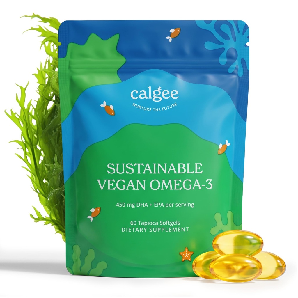 Calgee Algae Omega 3 Supplement, 450mg DHA & EPA, Carrageenan-Free & Sorbitol-Free, Vegan Softgels, Third-Party Tested, Plant-Based Fish Oil Alternative, Non-GMO, 60 Count
