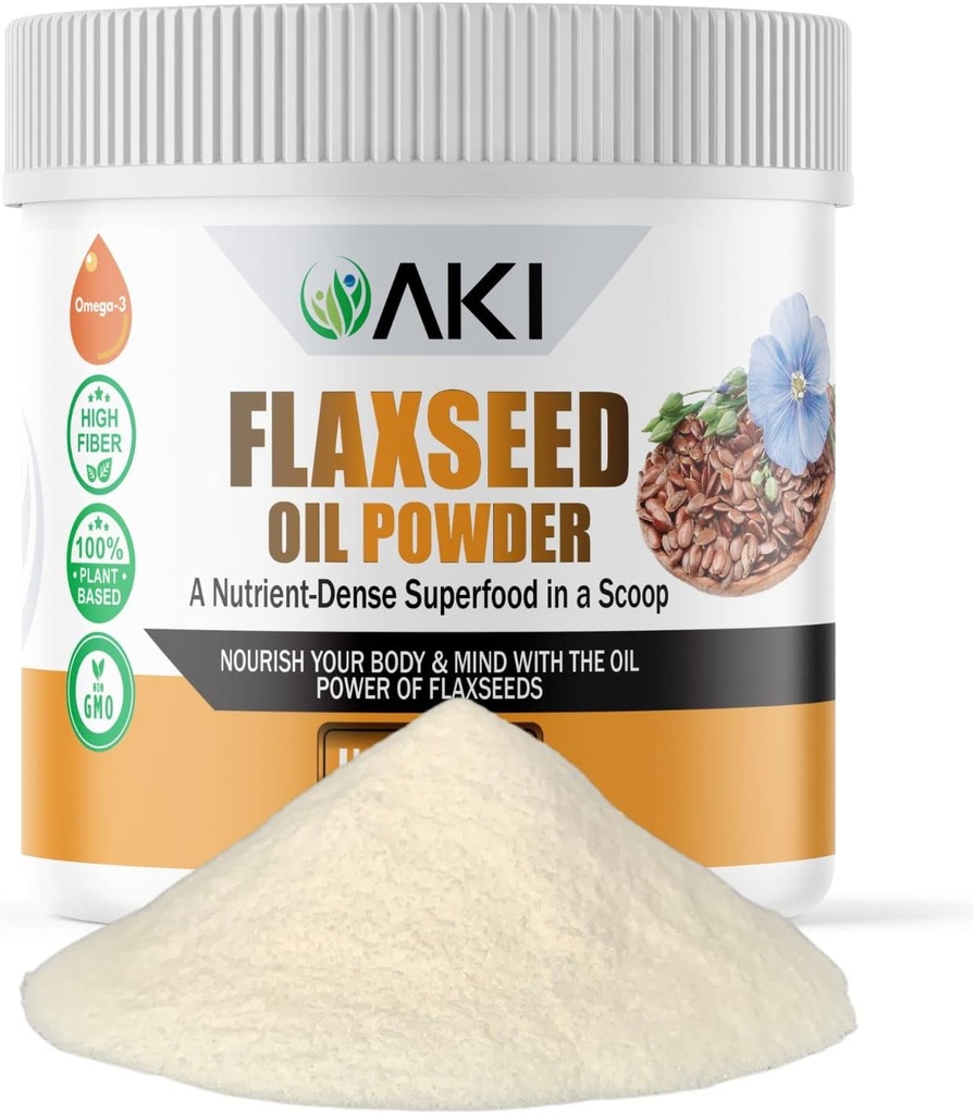 AKI Flaxseed Oil Powder - Empaquetado con nutrientes esenciales Como ácidos grasos Omega-3, fibra, &quot; Lignans - libre de aditivos artificiales, hecho con ingredientes de calidad ideal (5.30oz/150g)