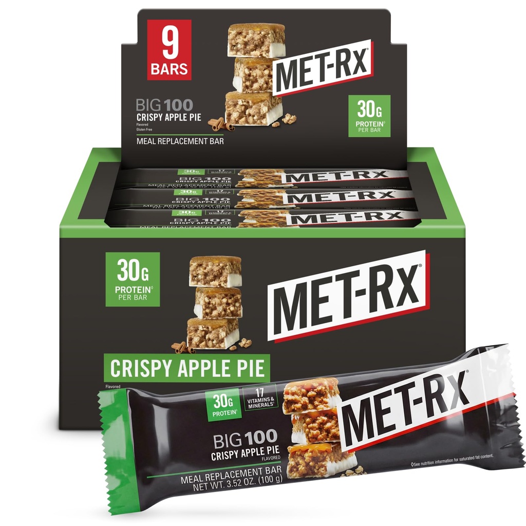 MET-Rx Big 100 Colossal Protein Bars, Crispy Apple Pie Meal Replacement Bars, 9 Count