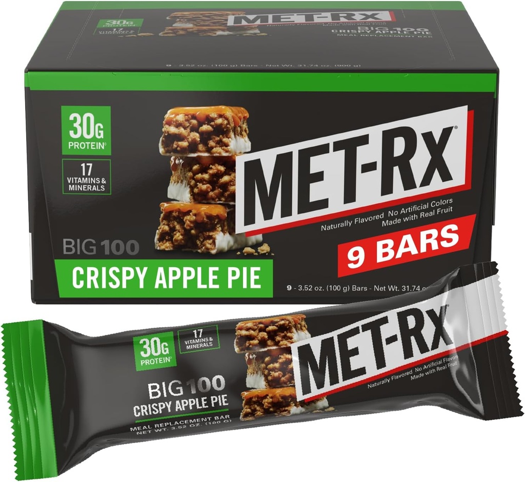MET-Rx Big 100 Colossal Protein Bars, Crispy Apple Pie Meal replacementment Bars, 9 count