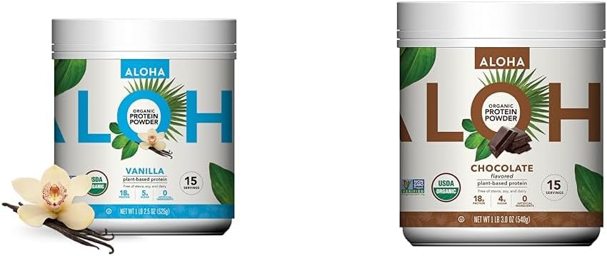 ALOHA Organic Plant Based Protein Powder Bundle, Vanilla 19.6 oz & Chocolate 19.6 oz, 15 Servings Each