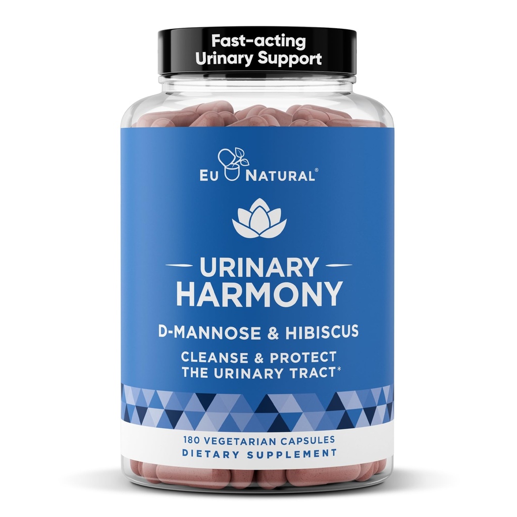 Eu Natural Urinary Harmony D-Mannose Supplement - Urinary Tract Health for Women - Fast-Acting Urinary Cleanse & Flush with Clinical-Strength D-Mannose & Hibiscus - 180 Capsules