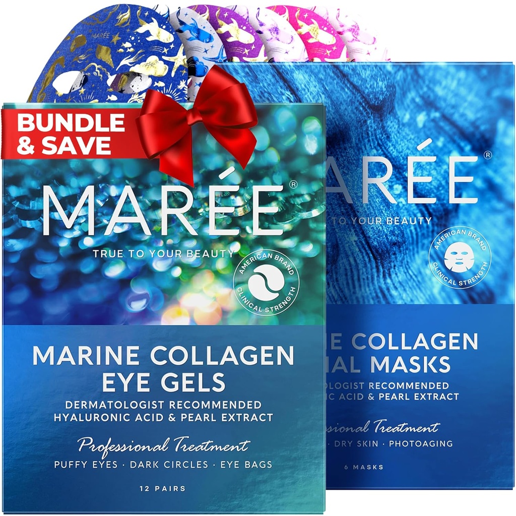 MAREE Eye Gels & Facial Masks Bundle - Under Øyegels for Puffy Eyes and Dark Circles, Sheet Moisturizing Masks - Marine kollagen & Hyaluronsyre, Grønn & Rød Algae Extract - for alle hudtyper