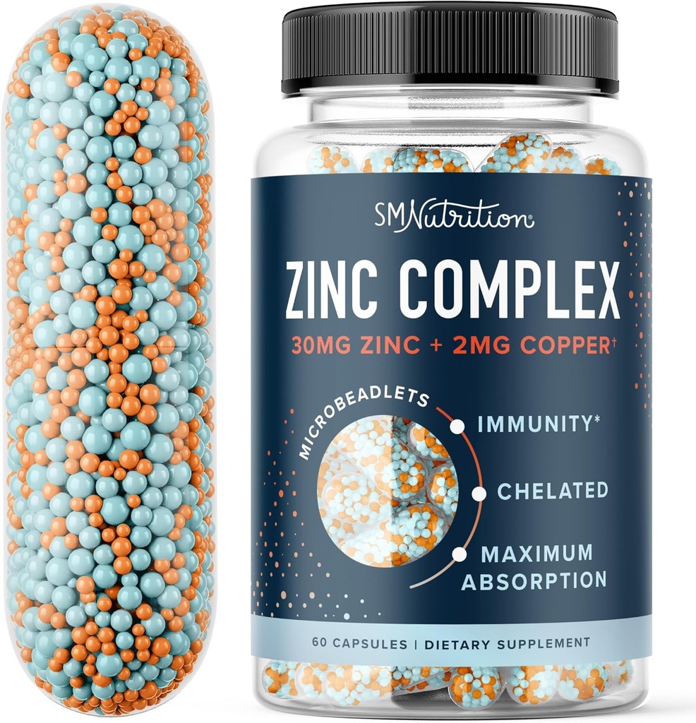 Zinc supplement Microbeadlets for Immune " Acne Support ) Highly Absorbable Zinc Bisglycinate " Orotate with 2mg Chelated Copper + Vitamin B6 ) Vegan, Gluten-Free ) 60 Capsules (2 Month Supply)