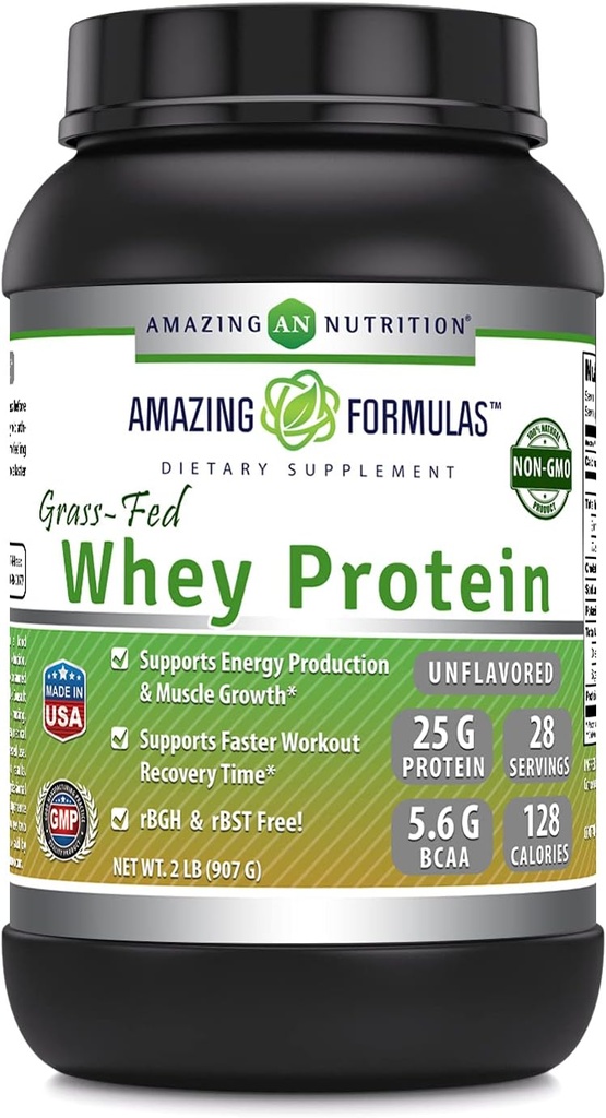 Amazing Formulas Grass- Fed Whey Protein Powder 124; 25 Grams Protein Suplemen: 124; Natural Sweetener dan Flavor 124; Berisi BCAA & EA & EA 124; Non-GMO 124; Dibuat di AS (2 Lb, Unflamited)