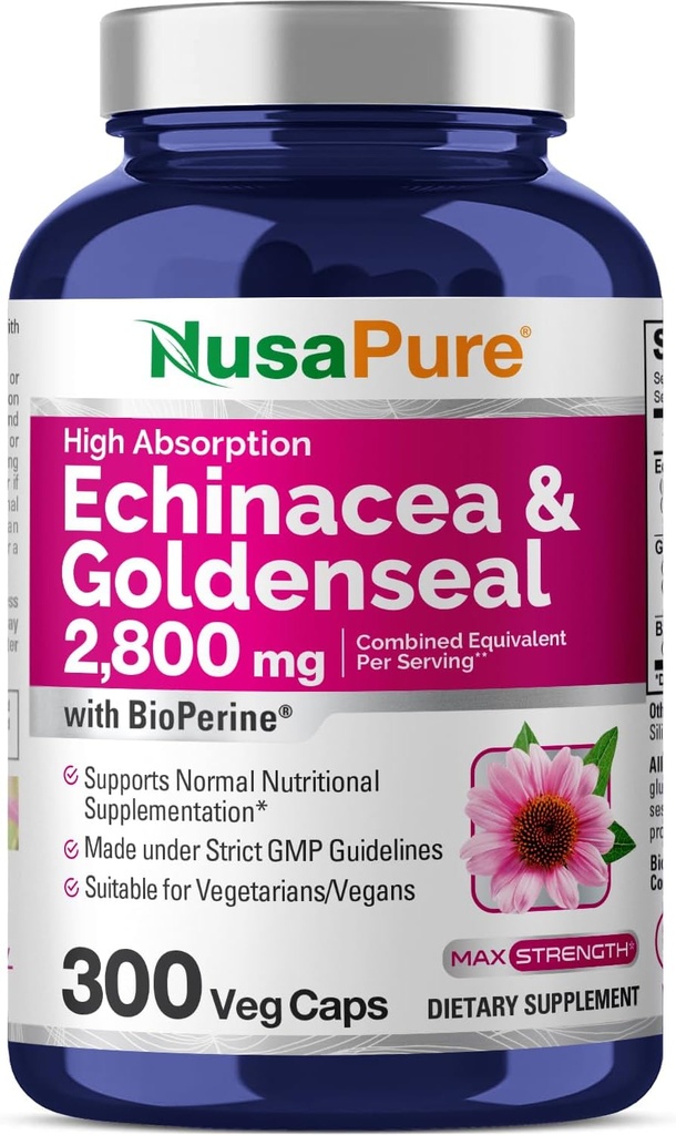 NusaPure Echinacea Goldenseal 200mg, (Extract 10 : 1, 2,000mg에 해당), 200mg, (Extract 4 : 1, 800mg에 해당) - 2800mg 300 Veggie Cap (Vegetarian, Non-GMO, Vegan)