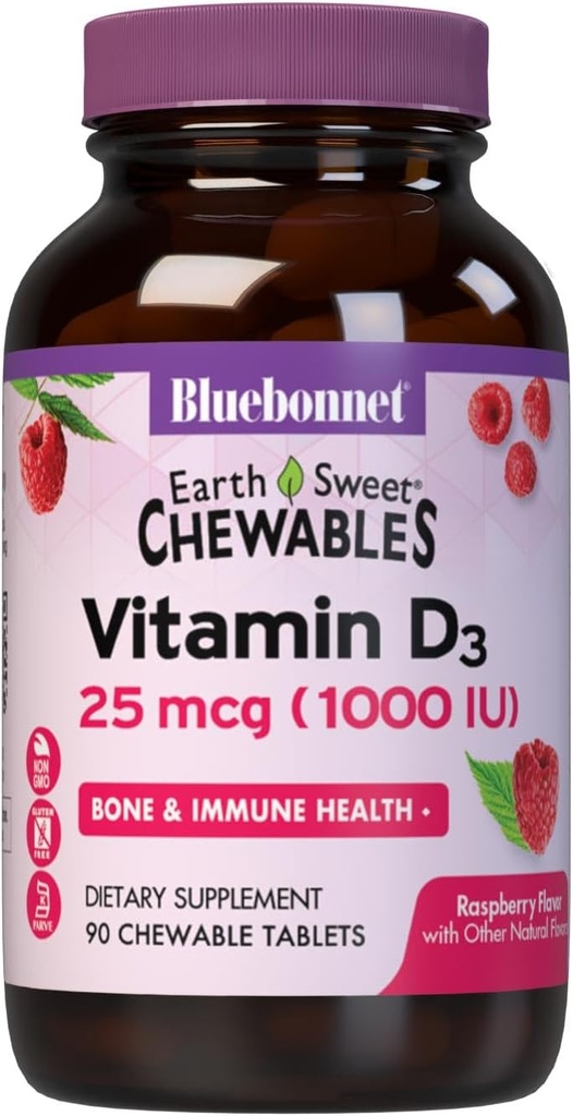 Bluebonnet Nutrition EarthSweet Witamina D3 1000IU - Suplement Bone & Immune Supplement - Raspberry Chewable Witamina D Suplement dla kobiet i mężczyzn - Bez soi, Bez glutenu, Nie-GMO - 90 Tabletki